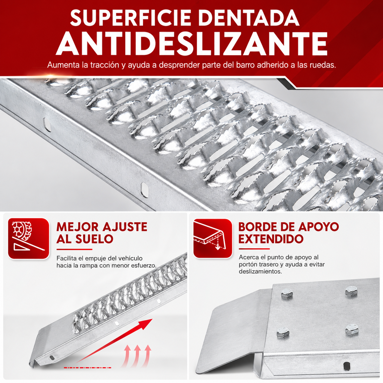 Rampa Eoland Plegable Acero Moto Cuatrimoto Carga 350 Kg Superficie Dentada Antideslizante Plateado