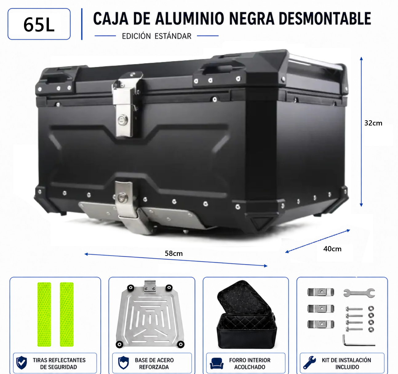 Maleta Para Moto Aluminio Trasera Universal 45/55/65 Litros