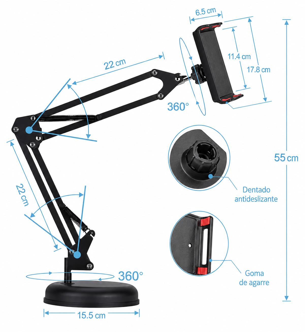 2X Soporte EOLAND Articulado Celular Tablet Escritorio Base Firme 360° (Copia)