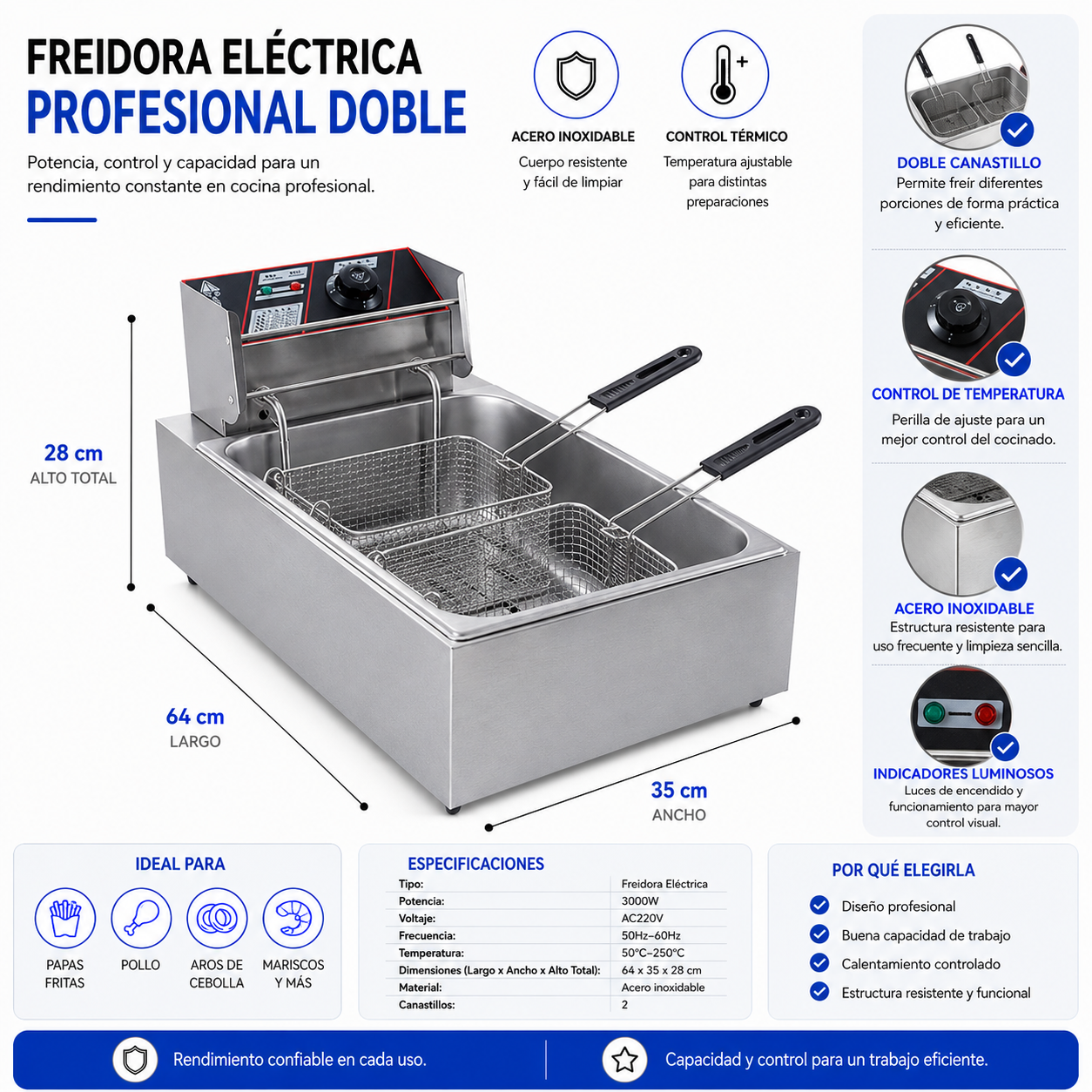 Freidora Eoland Eléctrica Doble 12 Litros Vertical Acero Inoxidable Canastillos Independientes Cocina Restaurante Negocio