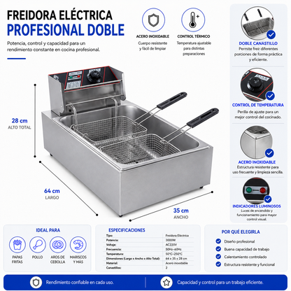 Freidora Eoland Eléctrica Doble 12 Litros Vertical Acero Inoxidable Canastillos Independientes Cocina Restaurante Negocio