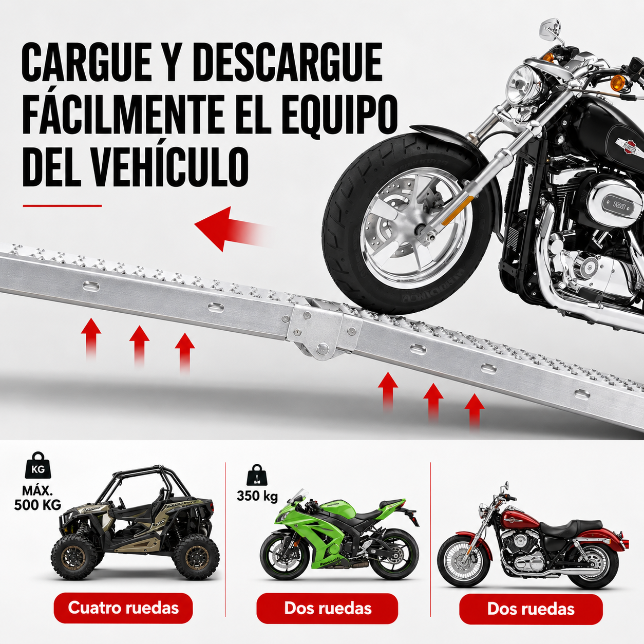 Rampa Eoland Plegable Acero Moto Cuatrimoto Carga 350 Kg Superficie Dentada Antideslizante Plateado