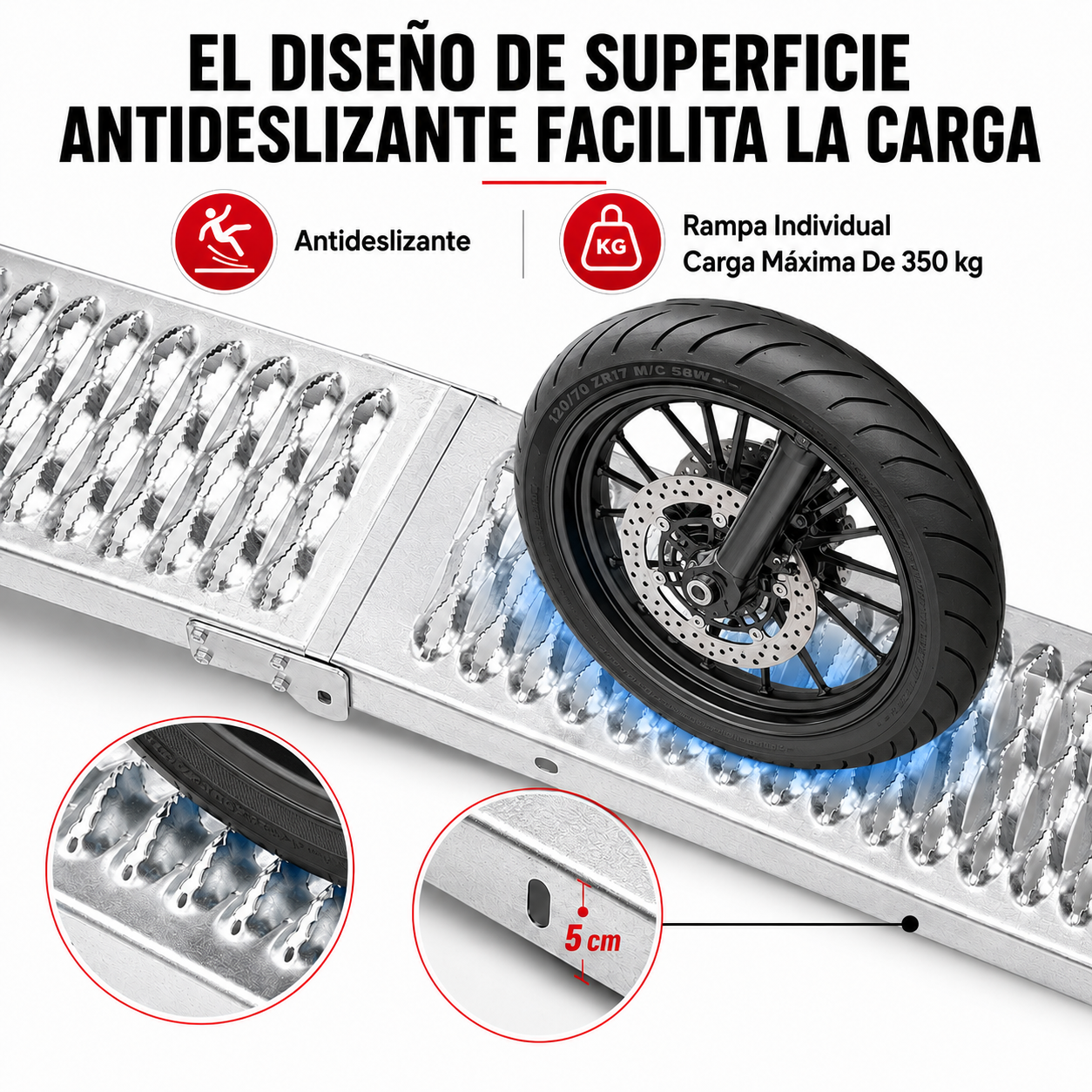 Rampa Eoland Plegable Acero Moto Cuatrimoto Carga 350 Kg Superficie Dentada Antideslizante Plateado