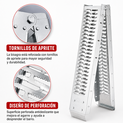 Rampa Eoland Plegable Acero Moto Cuatrimoto Carga 350 Kg Superficie Dentada Antideslizante Plateado