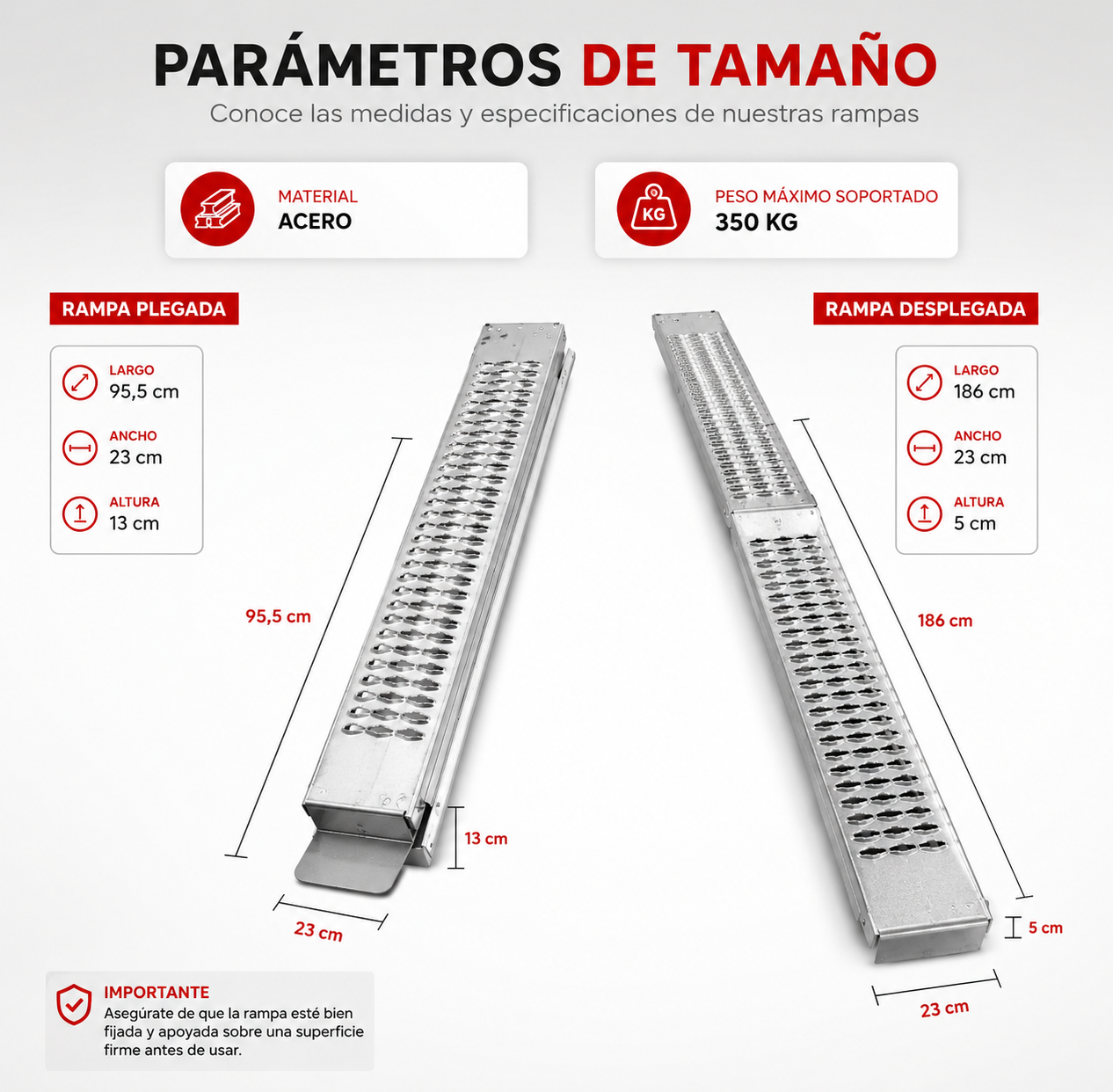 Rampa Eoland Plegable Acero Moto Cuatrimoto Carga 350 Kg Superficie Dentada Antideslizante Plateado
