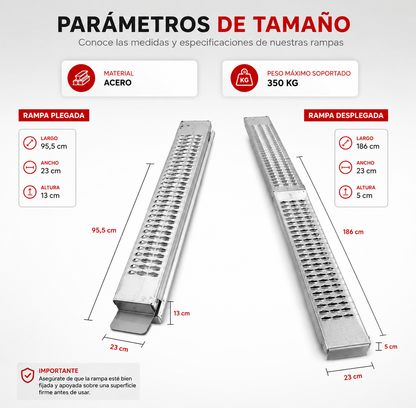 Rampa Eoland Plegable Acero Moto Cuatrimoto Carga 350 Kg Superficie Dentada Antideslizante Plateado