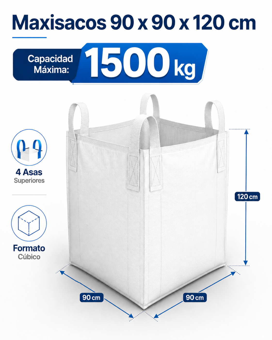 Maxisaco Eoland 1500 Kg Polipropileno 90x90x120cm Resistente Carga Materiales Construcción Vacío Escombro Limpieza Desechos