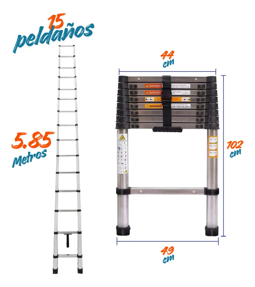 Escalera Aluminio Telescopica 15 Peldaños Metalicas 5.85mts Plateado