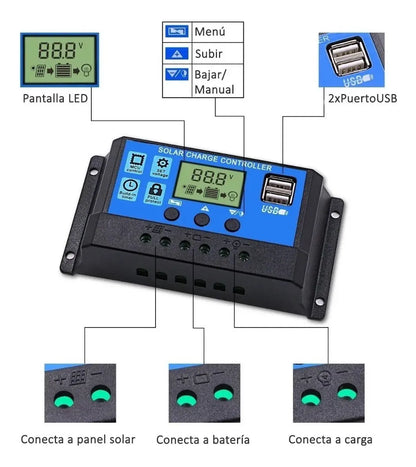 Regulador Controlador Carga Solar Digital 12v 24v 10a Usb