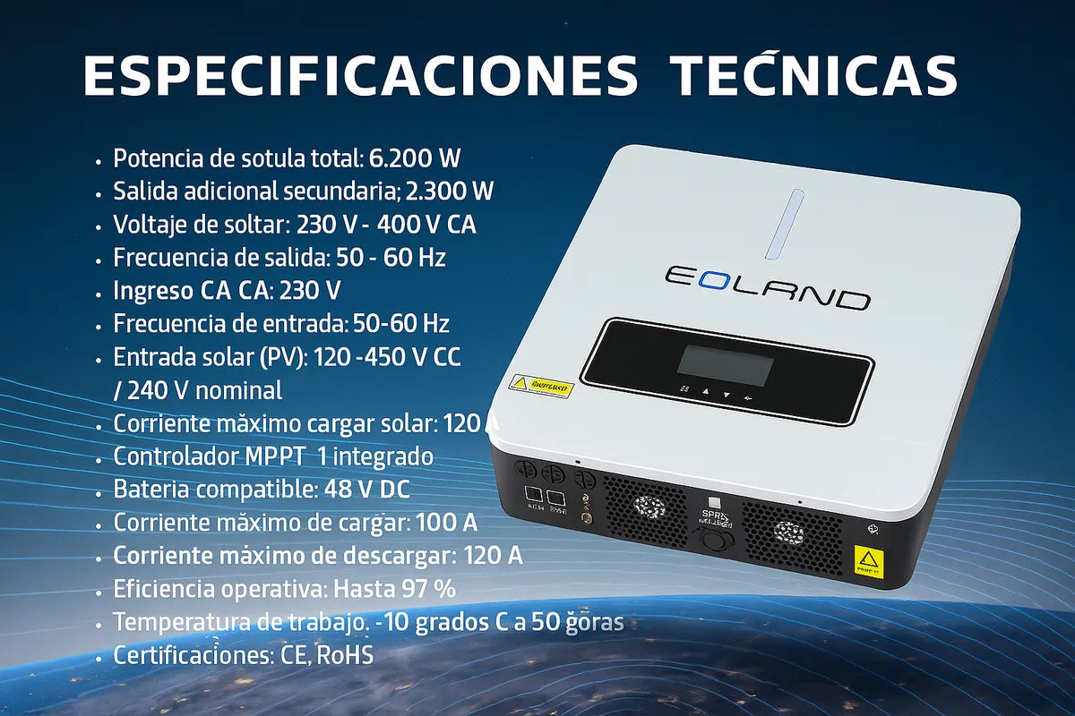 Inversor Hibrido Solar Corriente Onda Pura Eco 6200w - 48v