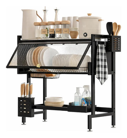 Escurridor De Loza Platos 2 Niveles Puerta Negro Metal 65cm Negro