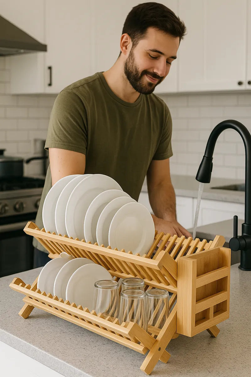 Secador De Loza Bambu Escurridor Platos Organizador Plegable