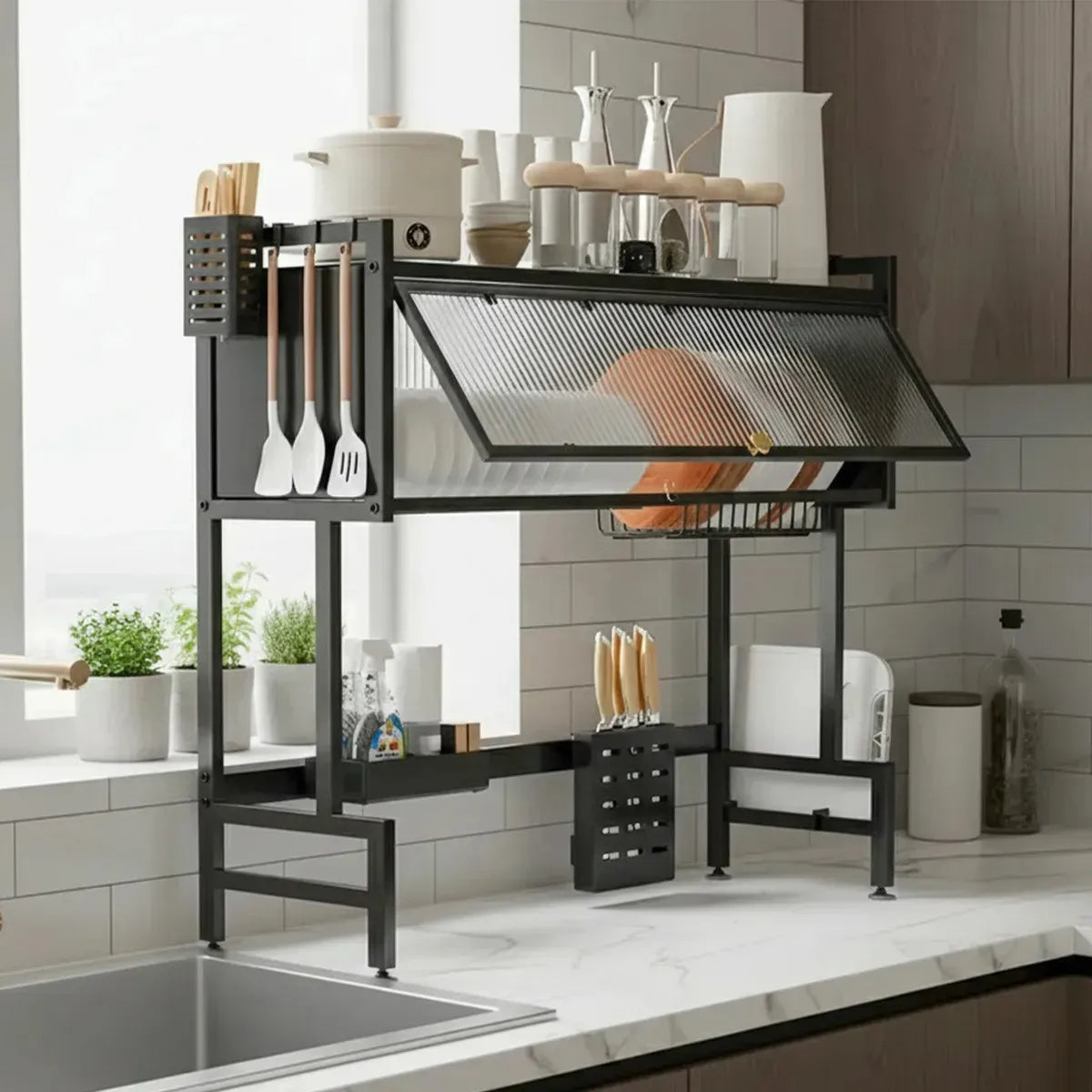 Escurridor De Loza Platos 2 Niveles Puerta Negro Metal 65cm Negro