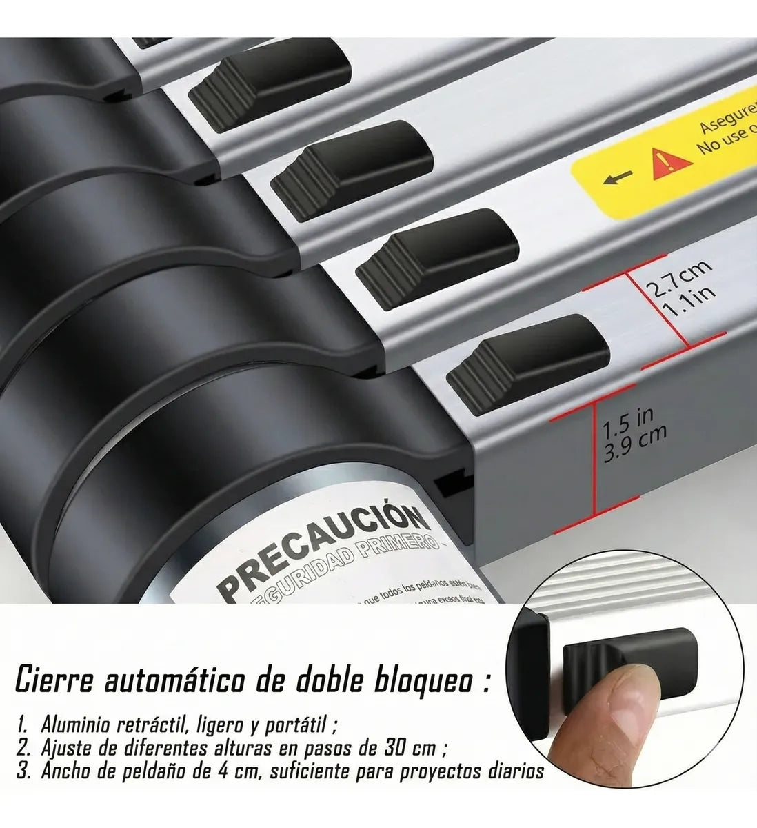 Escalera Aluminio Telescopica 11 Peldaños Metalicas 3.2mts Plateado