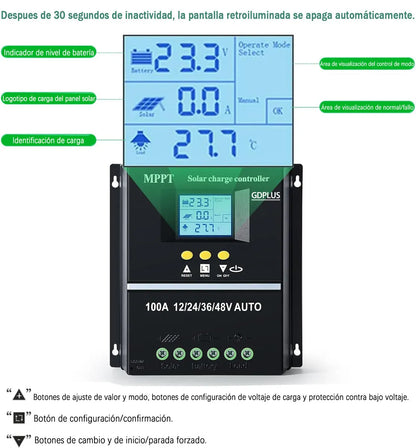 Regulador De Carga Solar Controlador Mppt 100a 12/24/36/48v