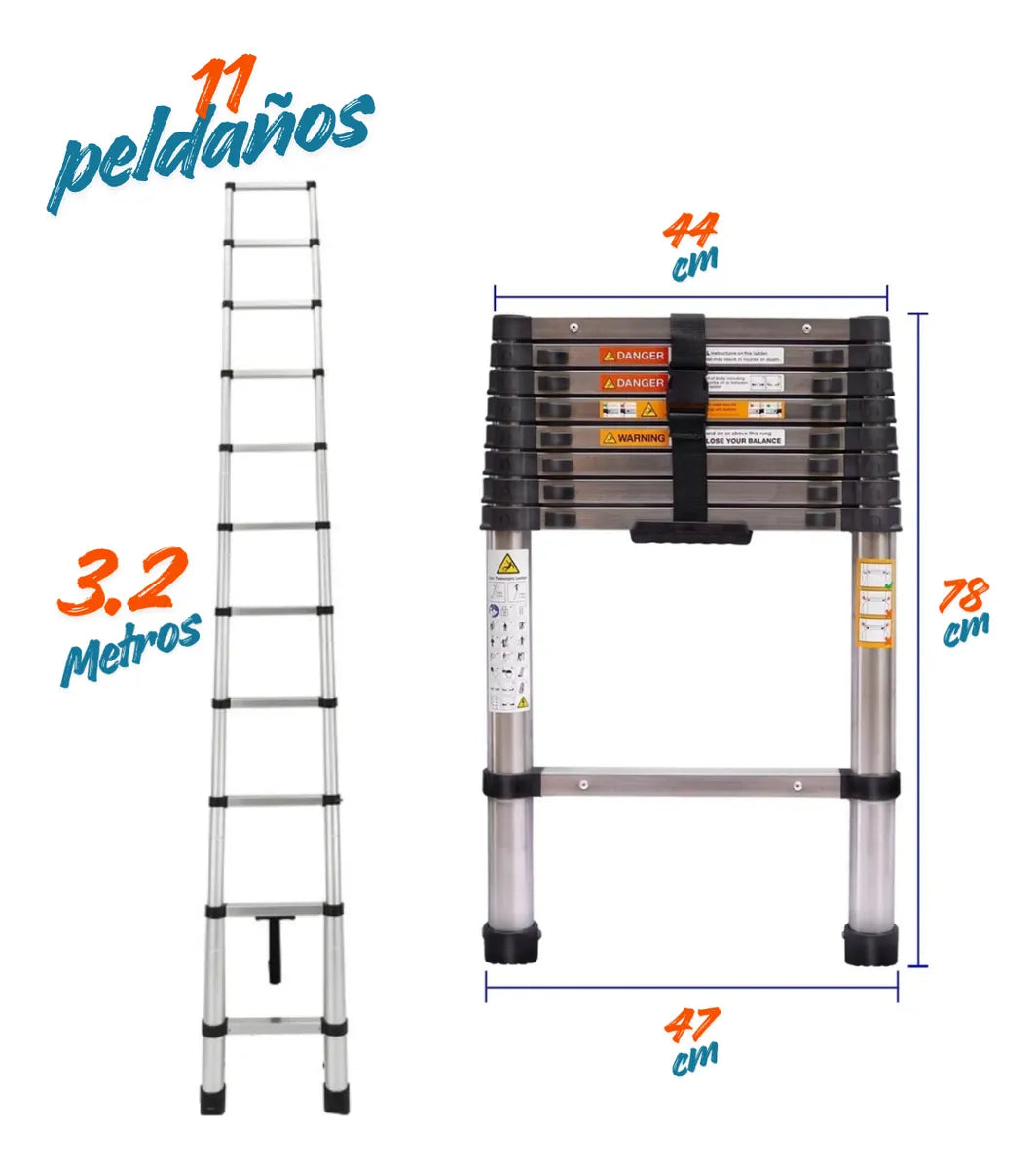 Escalera Aluminio Telescopica 11 Peldaños Metalicas 3.2mts Plateado