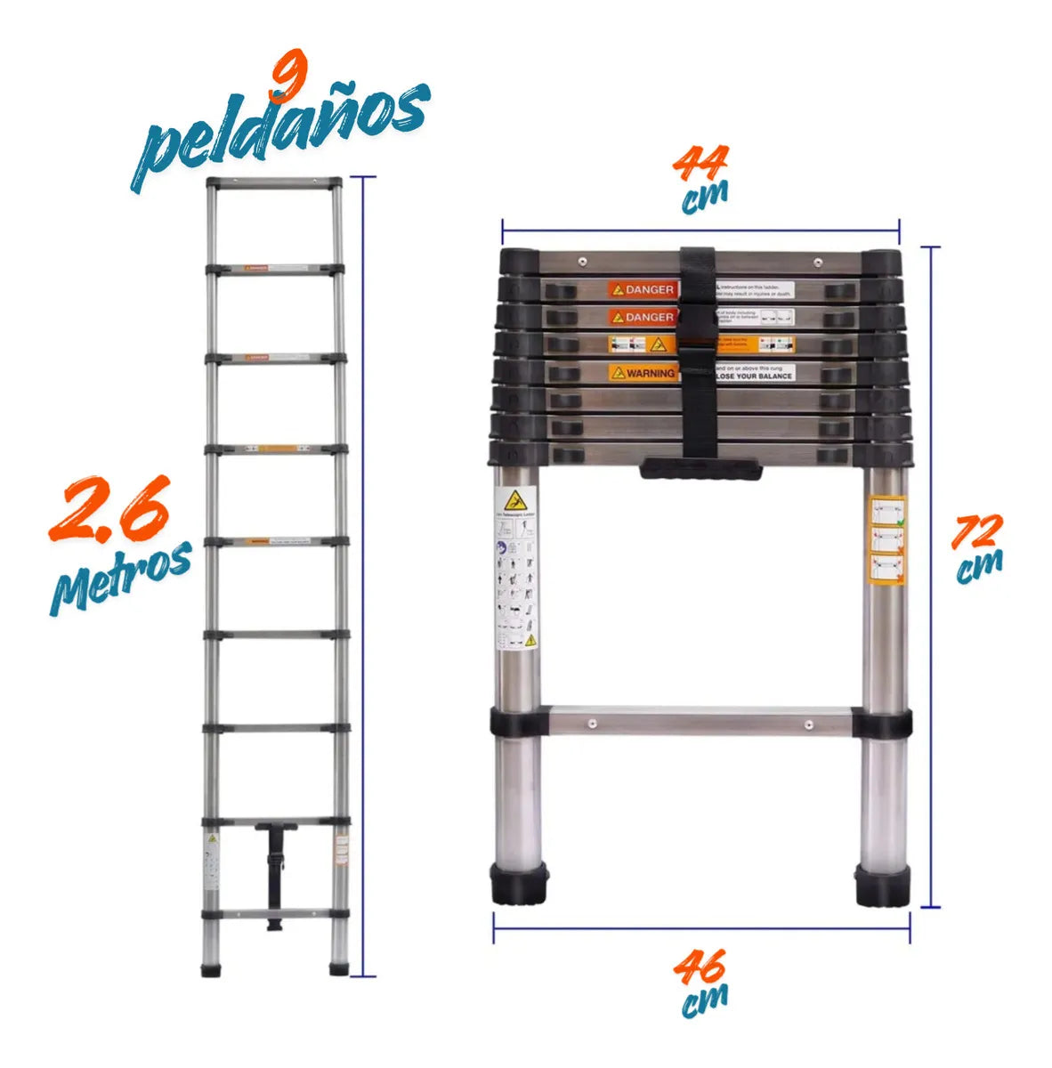 Escalera Telescopica Aluminio Portatil 8 Escalones 2.6 Mts