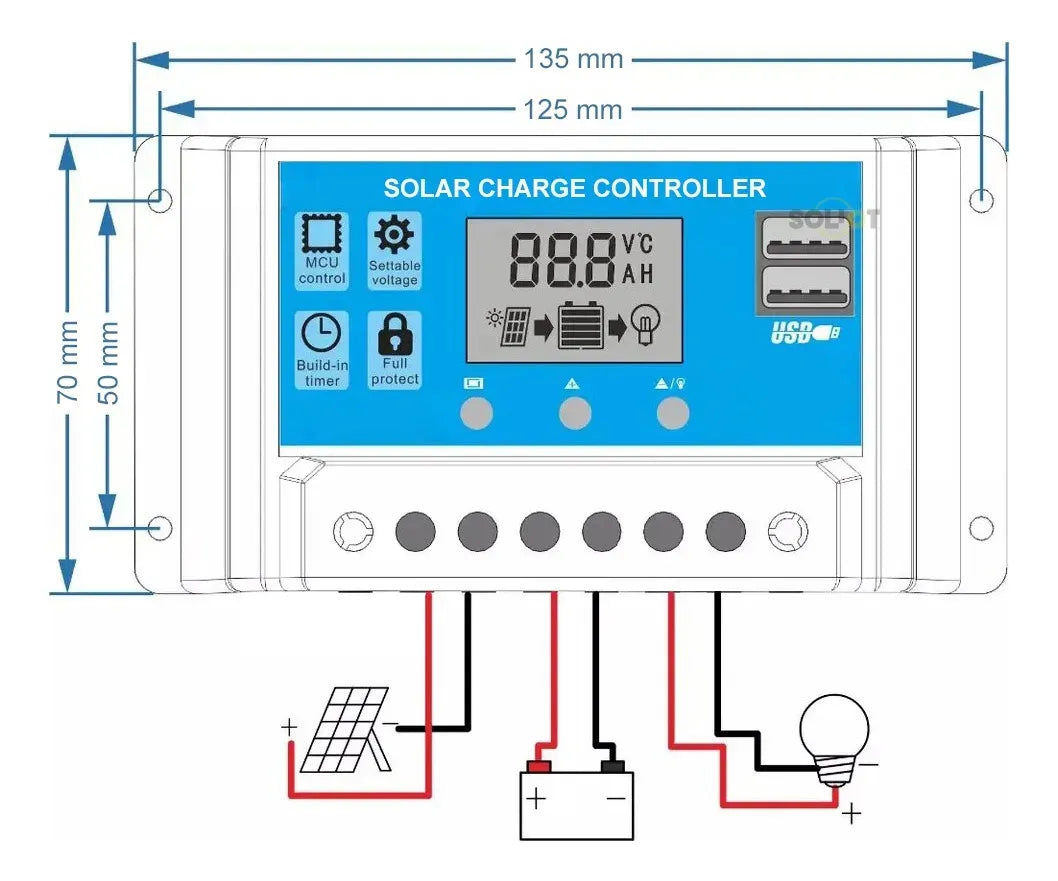 Regulador Controlador Carga Solar Digital 12v 24v 10a Usb