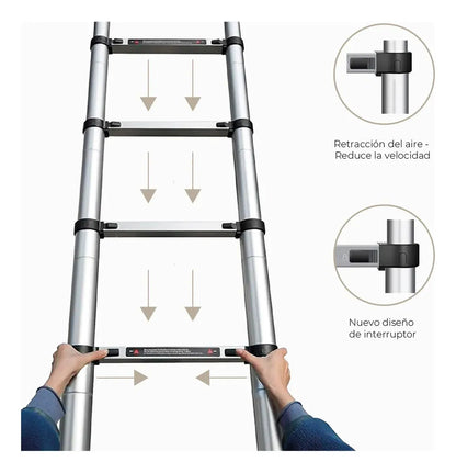 Escalera Aluminio Telescopica 13 Peldaños Metalicas 3.8mts Plateado