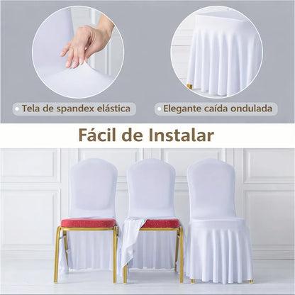 Set x8 Fundas De Silla Con Faldón Para Evento Elasticadas Blanco