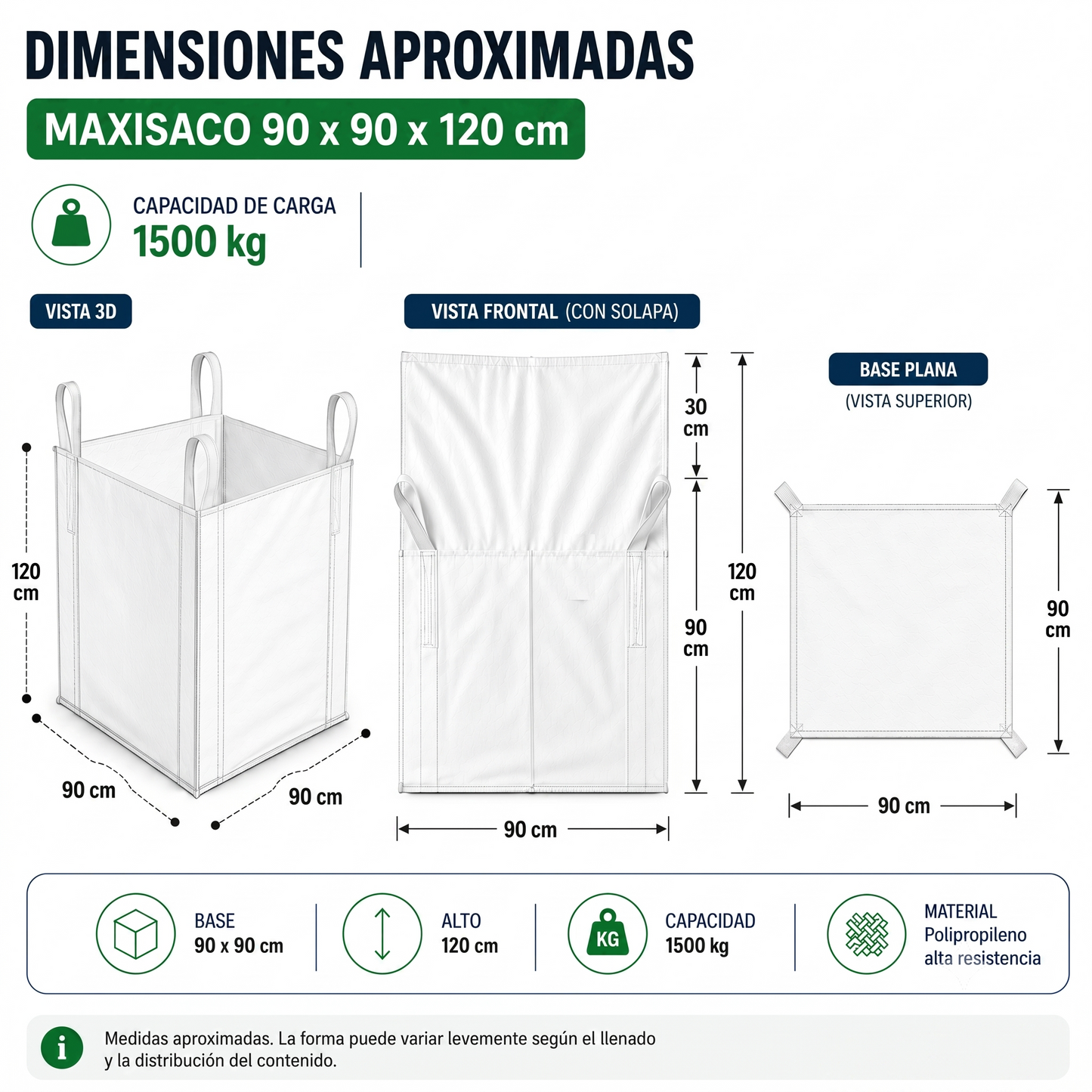 Maxisaco Eoland 1500 Kg Polipropileno 90x90x120cm Resistente Carga Materiales Construcción Vacío Escombro Limpieza Desechos