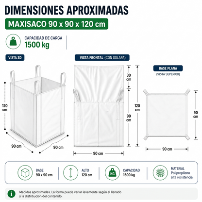 Maxisaco Eoland 1500 Kg Polipropileno 90x90x120cm Resistente Carga Materiales Construcción Vacío Escombro Limpieza Desechos