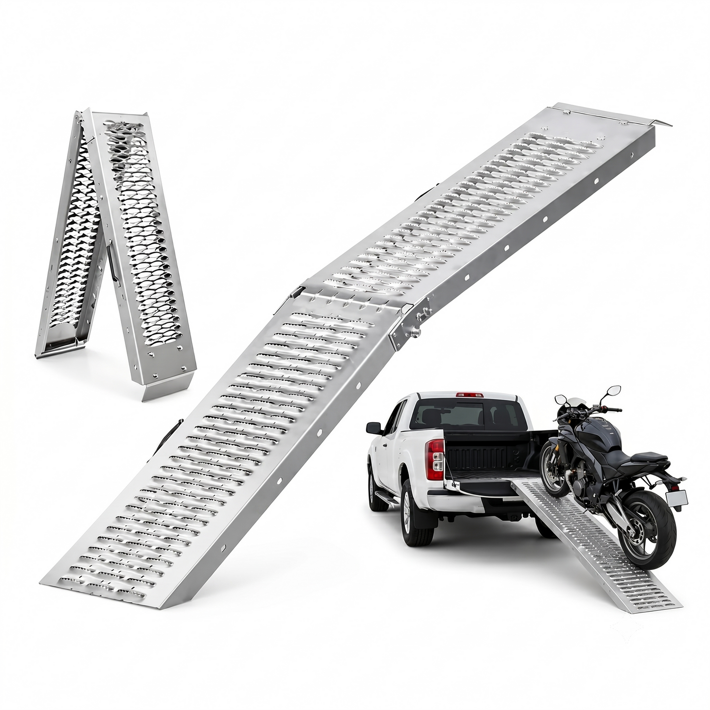 Rampa Eoland Plegable Acero Moto Cuatrimoto Carga 350 Kg Superficie Dentada Antideslizante Plateado